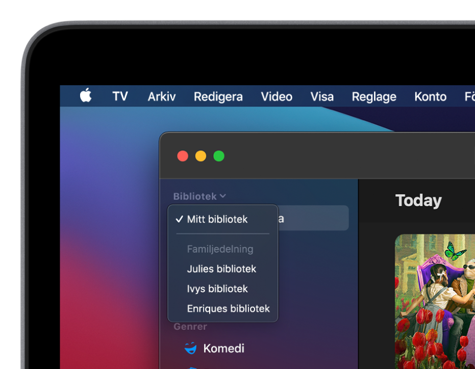 Biblioteksskärmen i Apple TV-appen med familjemedlemmars bibliotek i sidofältet.