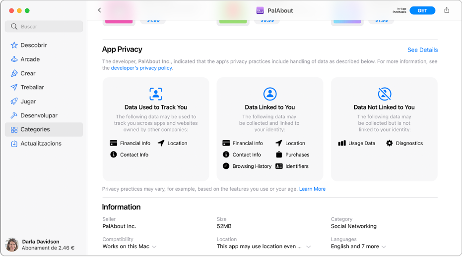 Una part de la pàgina principal de la Mac App Store, que mostra la política de privacitat del desenvolupador de l’app seleccionada: Dades que s’utilitzen per fer-te un seguiment, Dades relacionades amb tu, i Dades que no estan relacionades amb tu.