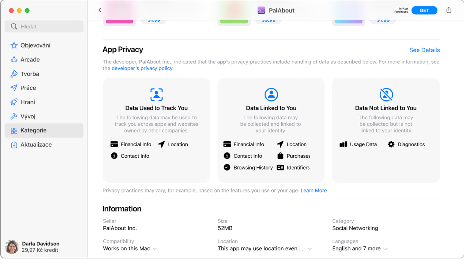 Část hlavní stránky App Storu na Macu, na níž jsou vidět zásady pro ochranu soukromí vyhlášené vývojářem vybrané aplikace: Data používaná k vašemu sledování, Data spojená s vaší identitou a Data nespojená s vaší identitou.