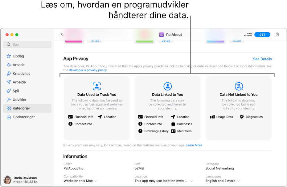 En del af hovedsiden i Mac App Store, hvor den valgte appudviklers anonymitetspolitik vises: Data, der bruges til at spore dig, data, der er forbundet med dig, og data, der ikke er forbundet med dig.