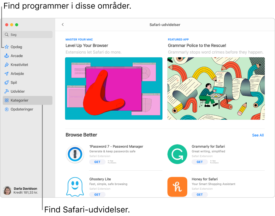 Siden med Safari-udvidelser i Mac App Store. Indholdsoversigten til venstre indeholder links til andre sider: Discover, Arcade, Create, Work, Play, Develop, Categories og Updates. Til højre vises de tilgængelige Safari-udvidelser.