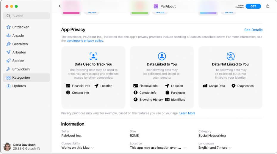 Ein Bereich der Mac App Store-Hauptseite mit der Datenschutzrichtlinie des Entwicklers einer ausgewählten App: Verwendete Daten für das Tracking, personenbezogene Daten und nicht personenbezogene Daten.