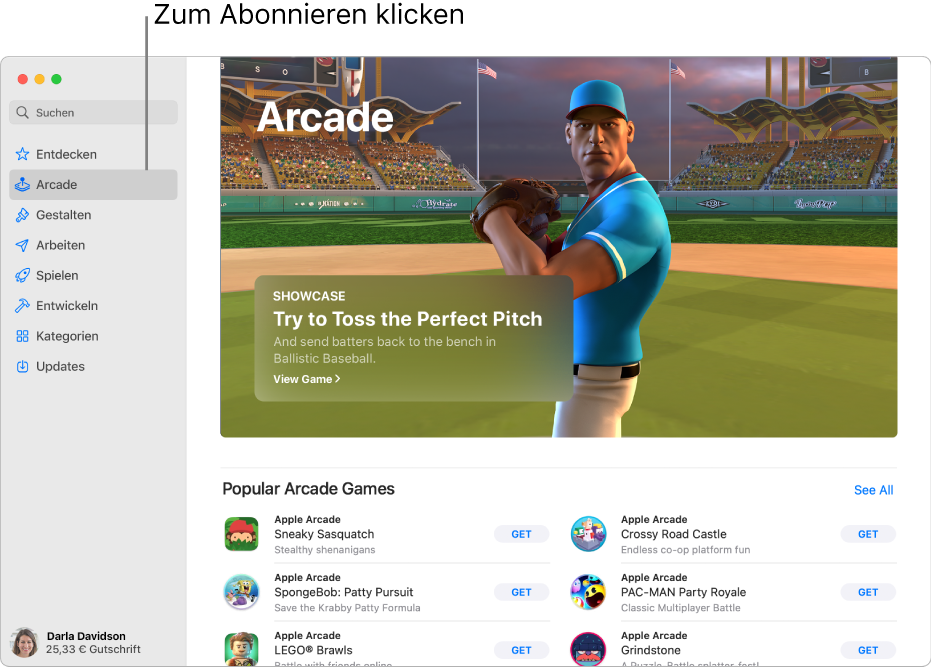 Die Hauptseite von Apple Arcade Ein beliebtes Spiel wird rechts im Bereich gezeigt; darunter werden weitere verfügbare Spiele angezeigt.