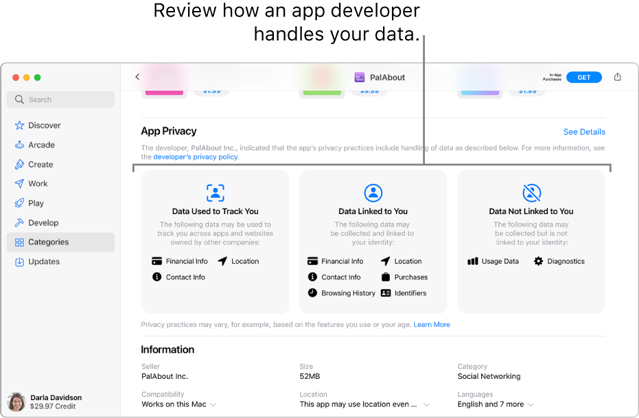 A portion of the main Mac App Store page, showing the privacy policy of the selected app’s developer: Data Used to Track You, Data Linked to You and Data Not Linked to You.
