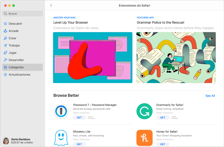 La página de Mac App Store de extensiones de Safari. La barra lateral de la izquierda incluye enlaces a otras páginas: Descubrir, Crear, Trabajar, Jugar, Desarrollar, Categorías, y Actualizaciones. A la derecha se encuentran extensiones disponibles de Safari.