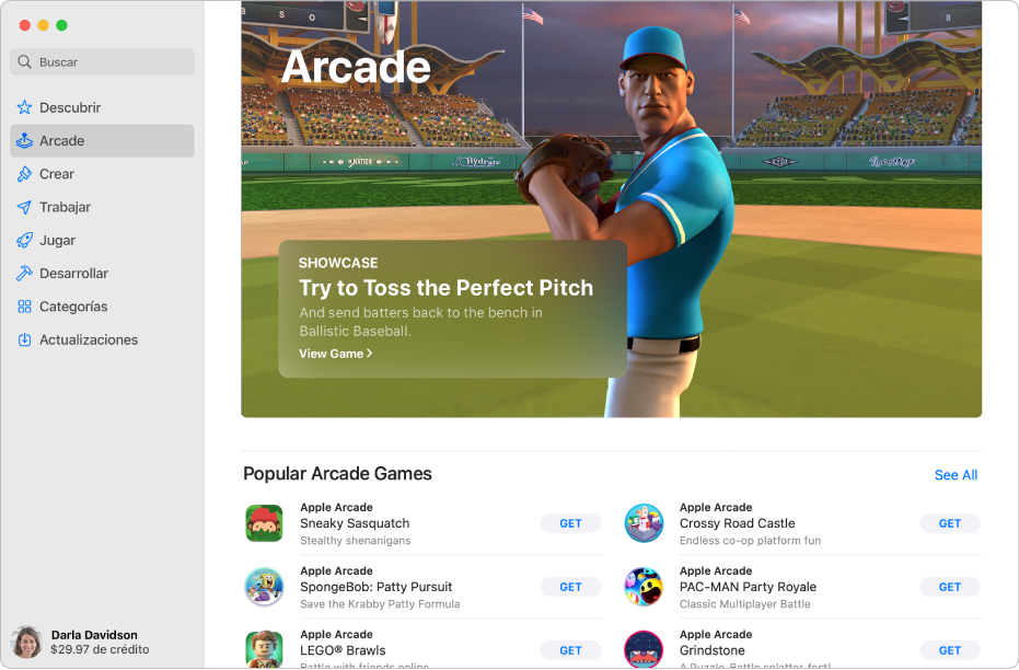 Página principal de Apple Arcade. Se muestra un juego popular en el panel a la derecha junto con otros juegos disponibles que se muestran en la parte inferior.