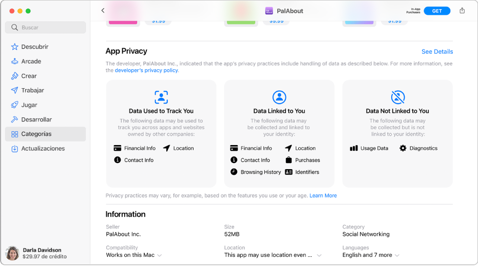 Una parte de la página principal de Mac App Store mostrando secciones de la política de privacidad de un desarrollador de apps seleccionado: “Datos utilizados para rastrearte”, “Datos asociados contigo” y “Datos no asociados contigo”.