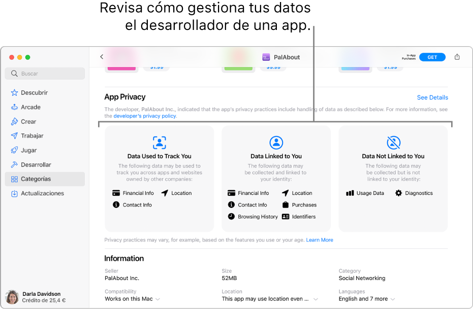 Una parte de la página principal de Mac App Store, en la que se muestra la política de privacidad del desarrollador de la app seleccionada: Datos utilizados para realizar un seguimiento de tu actividad, datos vinculados contigo y datos no vinculados contigo.