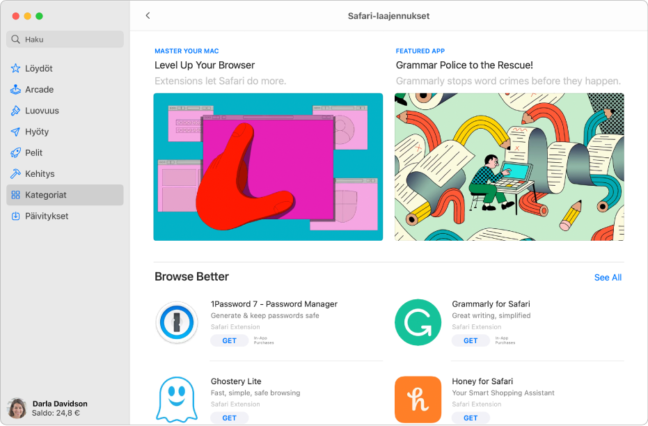 Safari-laajennusten Mac App Storen pääsivu. Vasemmalla oleva sivupalkki sisältää linkkejä muihin sivuihin: Löydöt, Luovuus, Hyöty, Pelit, Kehitys, Kategoriat ja Päivitykset. Oikealla ovat saatavilla olevat Safari-laajennukset.