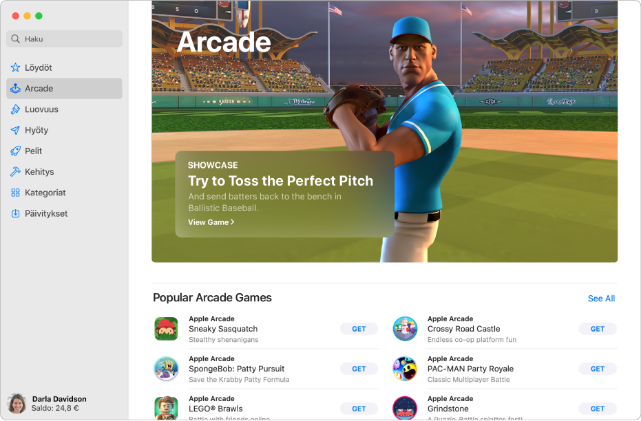 Apple Arcaden pääsivu. Suosittu peli näytetään oikeanpuoleisessa osiossa, ja muut saatavilla olevat pelit näytetään alapuolella.