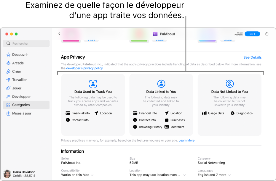 Une partie de la page principale du Mac App Store, qui affiche la politique de confidentialité du développeur de l’app sélectionnée : Données utilisées pour vous suivre, Données sur vous et Données anonymes.