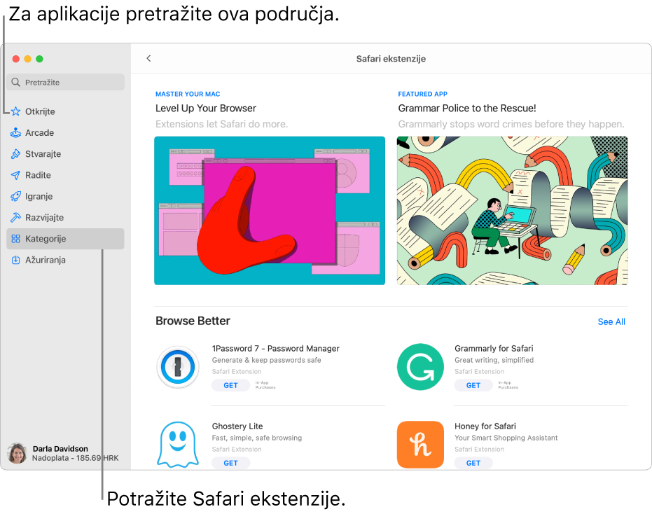 Mac App Store stranica sa Safari ekstenzijama. Rubni stupac s lijeve strane uključuje linkove na druge stranice: Otkrijte, Arcade, Stvarajte, Radite, Igrajte, Razvijajte, Kategorije i Ažuriranja. S desne strane su dostupne Safari ekstenzije.