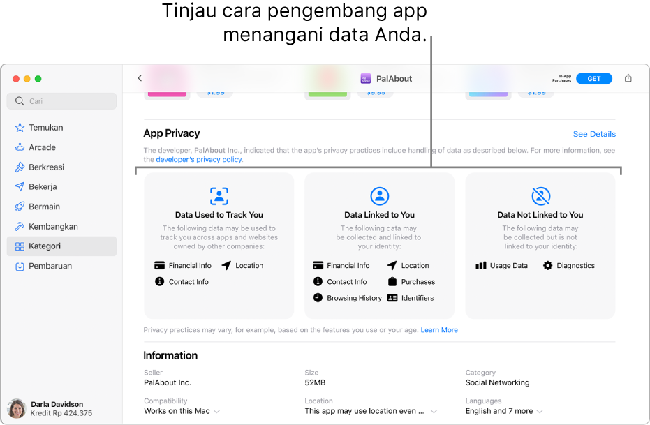 Sebagian halaman Mac App Store utama, menampilkan kebijakan privasi pengembang app yang dipilih: Data yang Digunakan untuk Melacak Anda, Data yang Ditautkan kepada Anda, Data yang Tidak Ditautkan kepada Anda.