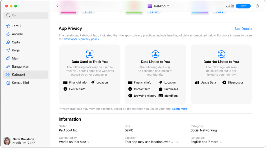 Sebahagian halaman Mac App Store utama, menunjukkan dasar privasi pembangun app yang dipilih: Data Digunakan untuk Menjejakkan Anda, Data Dipautkan kepada Anda dan Data Tidak Dipautkan kepada Anda.