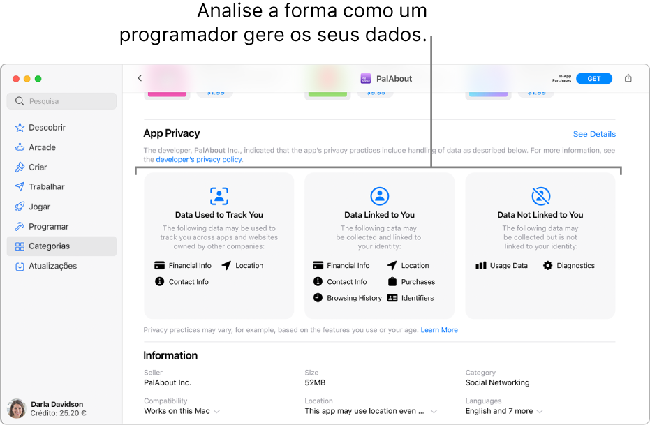 Uma parte da página principal da Mac App Store, a mostrar a política de privacidade do programador selecionado: Dados usados para seguir o utilizador, Dados associados ao utilizador e Dados não associados ao utilizador.