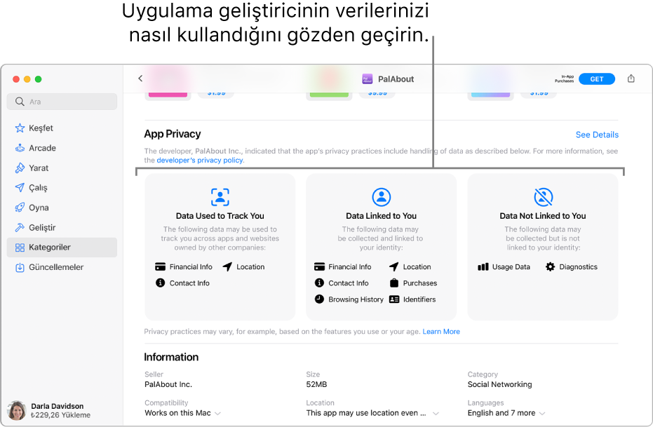 Mac App Store ana sayfasının bir bölümü, seçili uygulamanın geliştiricisinin gizlilik politikasını gösteriyor: Sizi İzlemek İçin Kullanılan Veriler, Size Bağlı Veriler ve Size Bağlı Olmayan Veriler.