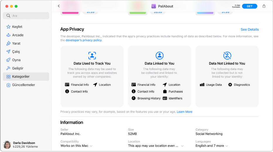Mac App Store ana sayfasının bir bölümü, seçili uygulamanın geliştiricisinin gizlilik politikasını gösteriyor: Sizi İzlemek İçin Kullanılan Veriler, Size Bağlı Veriler ve Size Bağlı Olmayan Veriler.