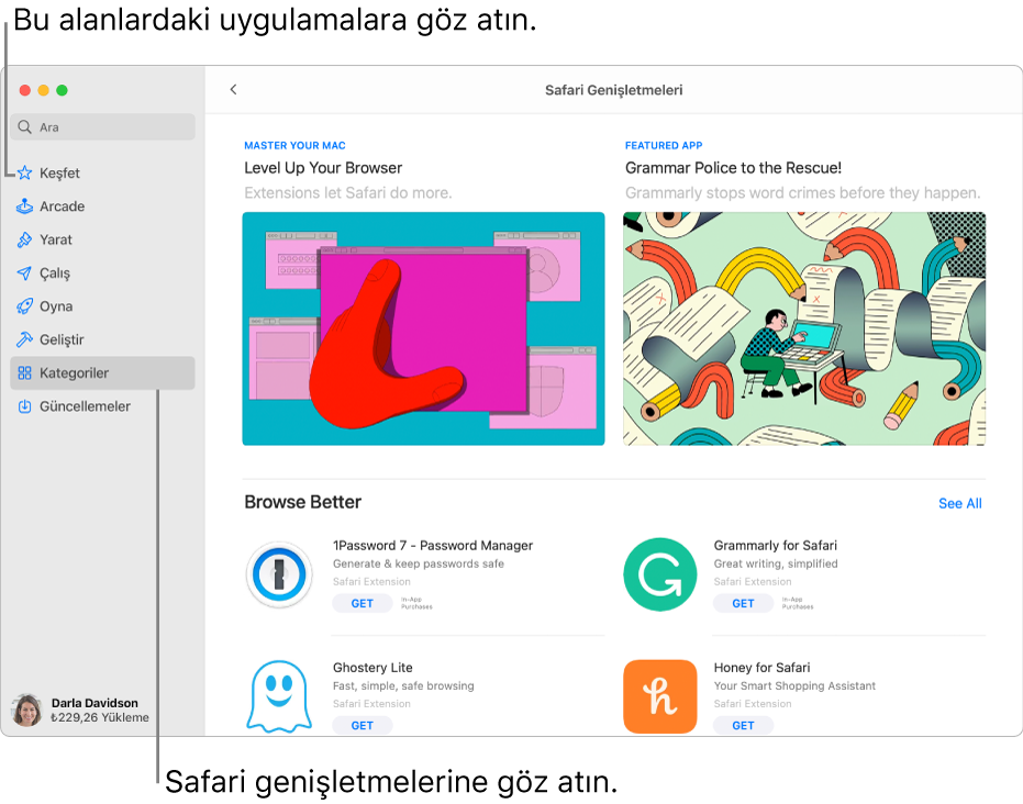Safari Genişletmeleri Mac App Store sayfası. Sol taraftaki kenar çubuğu diğer sayfalara bağlantıları içerir: Keşfet, Arcade, Yarat, Çalış, Oyna, Geliştir, Kategoriler ve Güncellemeler. Sağda kullanılabilir Safari genişletmeleri bulunur.