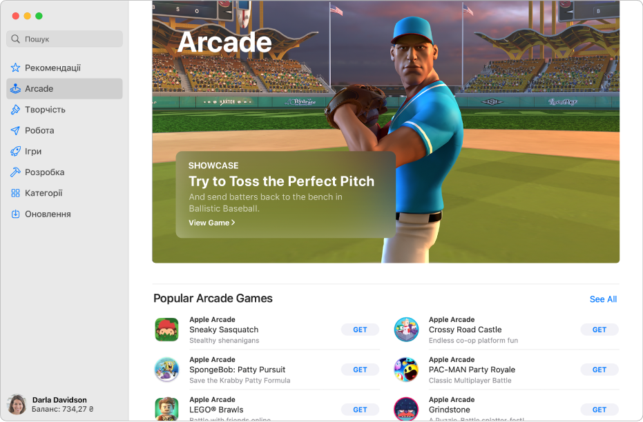 Головна сторінка Apple Arcade. Популярна гра відображається на панелі праворуч, а інші доступні ігри показані нижче.