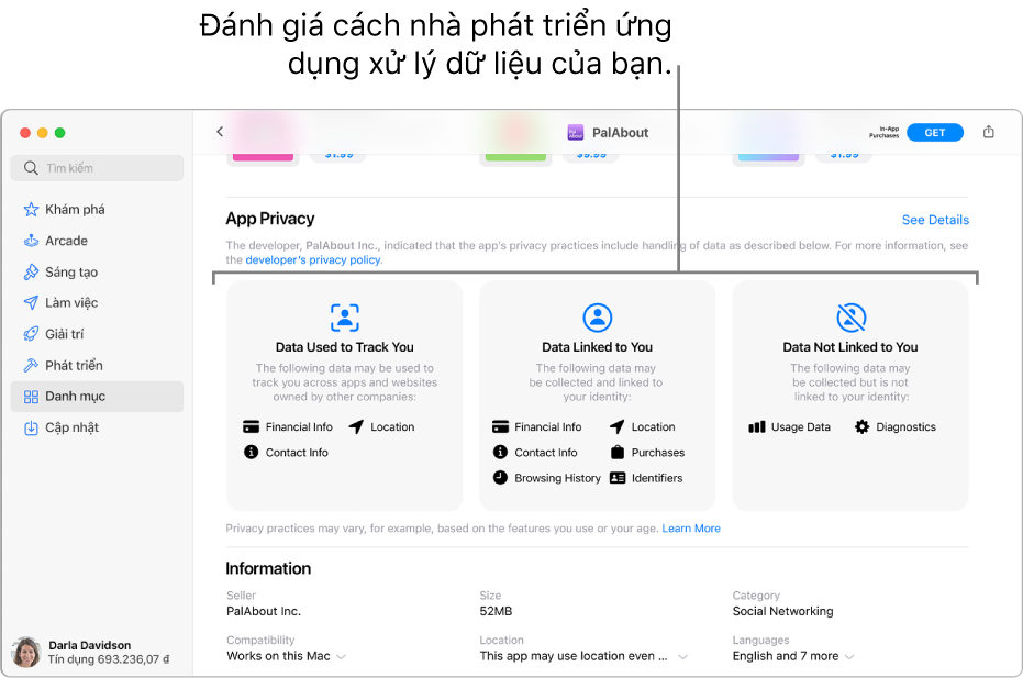 Một phần của trang Mac App Store chính, đang hiển thị chính sách quyền riêng tư của nhà phát triển của ứng dụng được chọn: Dữ liệu được sử dụng để theo dõi bạn, Dữ liệu được liên kết với bạn và Dữ liệu không được liên kết với bạn.