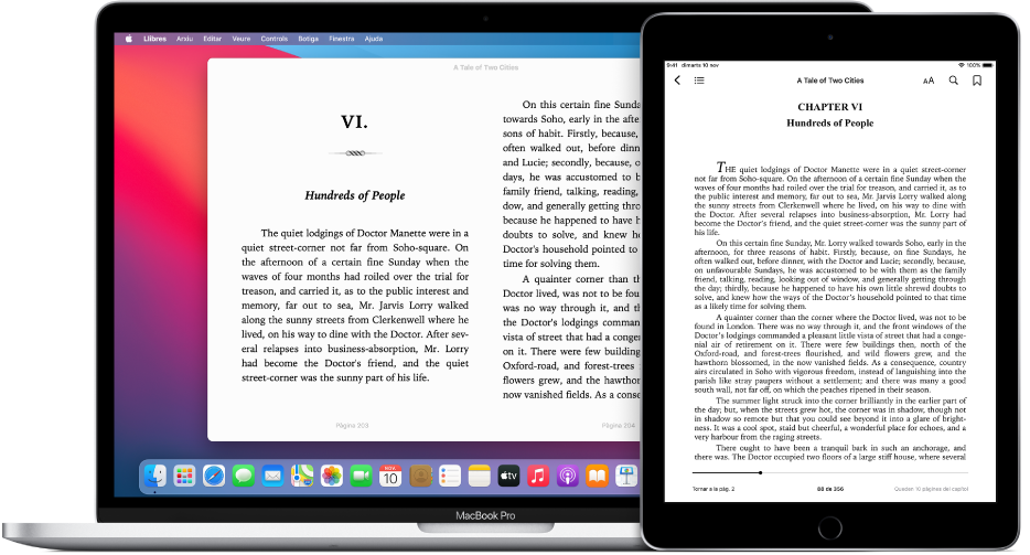 Un llibre que mostra la mateixa pàgina a l’app Llibres en un iPad i un Mac.