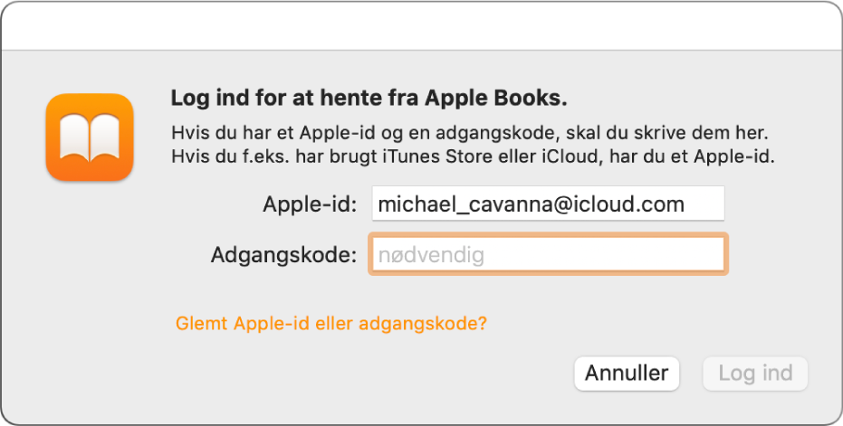 Den dialog, der bruges til at logge ind på Apple Books med et Apple-id og en adgangskode.
