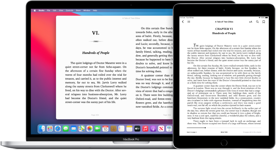 A book on the same page in the Books app on an iPad and a Mac.