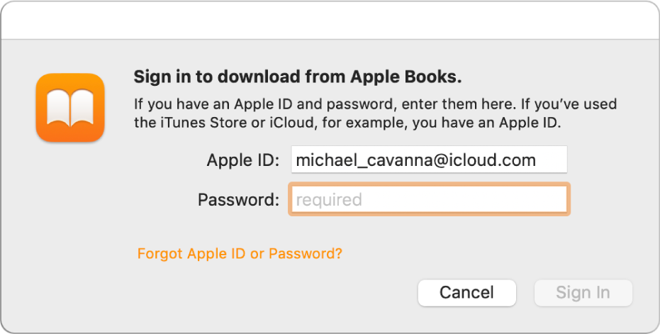 The dialogue to sign in to Apple Books using an Apple ID and password.
