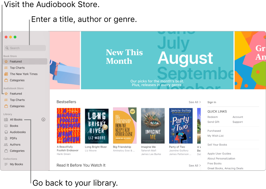 The sidebar in Books. To browse the Book Store, click on any of the items below Book Store. To browse the Audiobook Store, click any of the items below Audiobook Store. To search, enter a title, author or genre in the search field. To go back to your library, click All Books.
