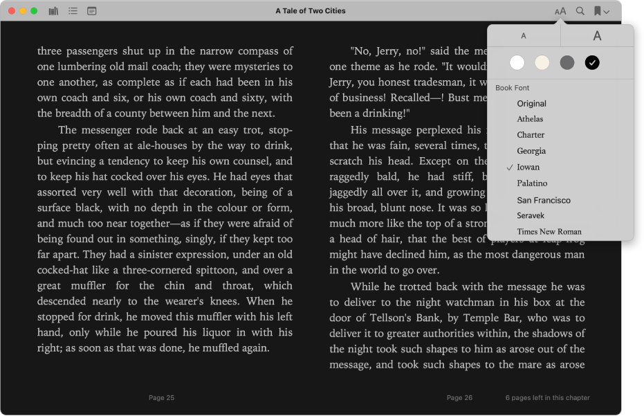 A book with a customized appearance and the Appearance menu showing the selected text size, background color, and font.