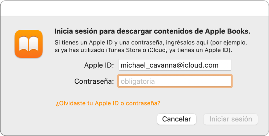 El cuadro de diálogo para iniciar sesión en Apple Books usando un Apple ID y contraseña.