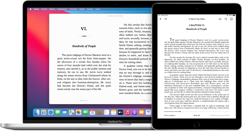 Un libro en la misma página en la app Libros en un iPad y un Mac.