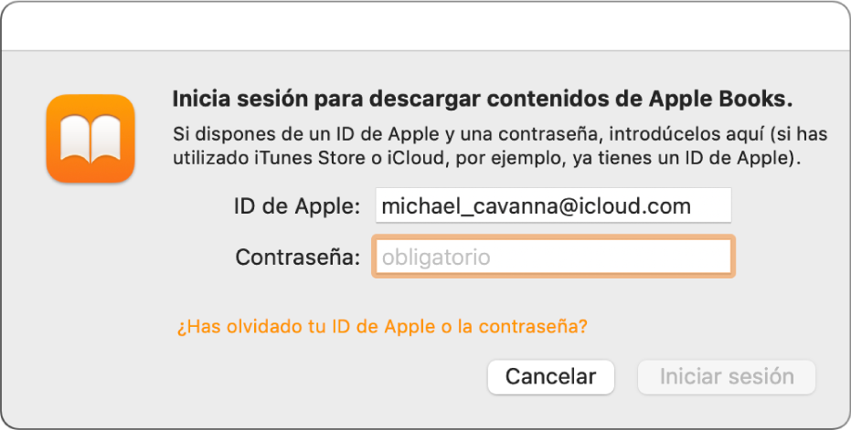 El cuadro de diálogo para iniciar sesión en Apple Books con el ID de Apple y la contraseña.