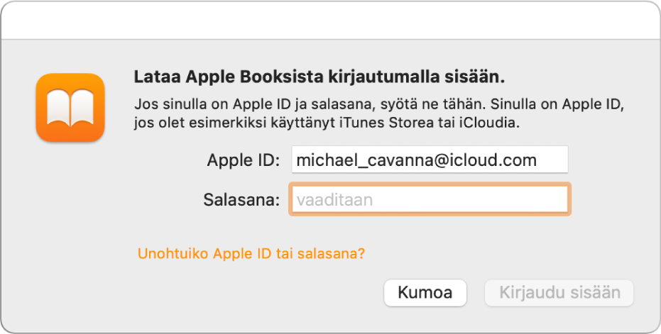Valintaikkuna, jossa kirjaudutaan Apple Booksiin Apple ID:llä ja salasanalla.