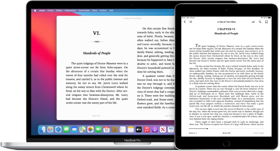 Un livre à la même page dans l’app Livres sur un iPad et un Mac.