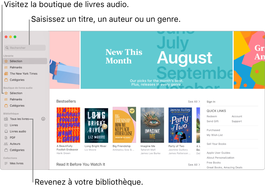 La barre latérale dans Livres. Pour parcourir la librairie, cliquez sur n’importe quel élément en dessous de Librairie. Pour parcourir la boutique de livres audio, cliquez sur n’importe quel élément en dessous de Boutique de livres audio. Pour rechercher, saisissez un titre, un auteur ou un genre dans le champ de recherche. Pour revenir à votre librairie, cliquez sur Tous les livres.