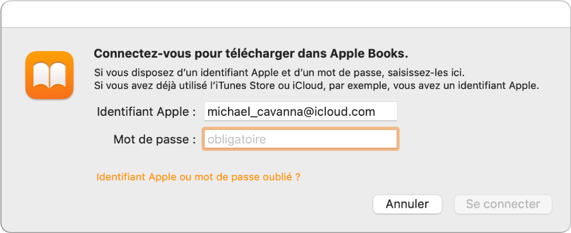 La zone de dialogue permettant de se connecter à Apple Books à l’aide d’un identifiant Apple et d’un mot de passe.