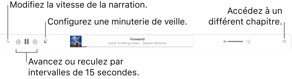 Le lecteur de livre audio dans Apple Books montrant, de gauche à droite, le bouton « Vitesse de lecture », les boutons Avancer et Revenir, le bouton « Minuterie de veille », le titre et l’auteur du livre audio en cours de lecture, le curseur Volume et le bouton « Table des matières ».