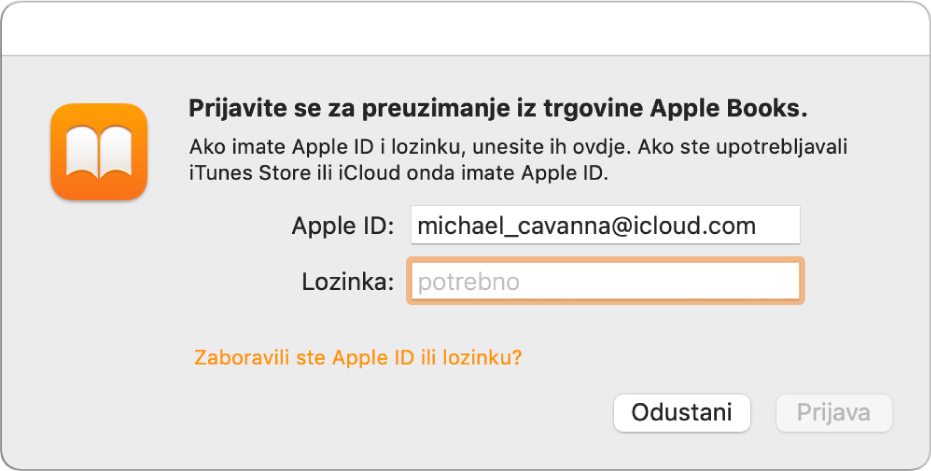 Dijaloški okvir za prijavu u aplikaciju Knjige pomoću Apple ID-ja i lozinke.