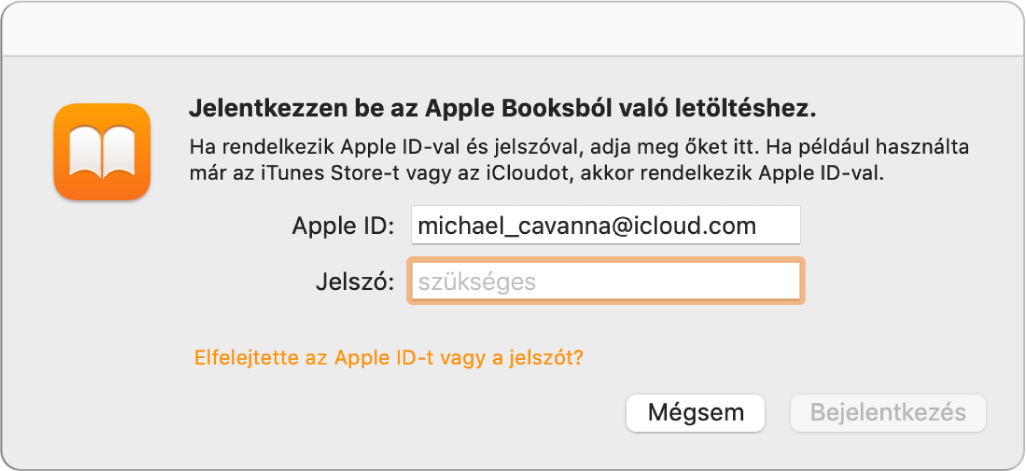 Párbeszédablak, amelyen bejelentkezhet az Apple Booksba az Apple ID-jával és jelszavával.