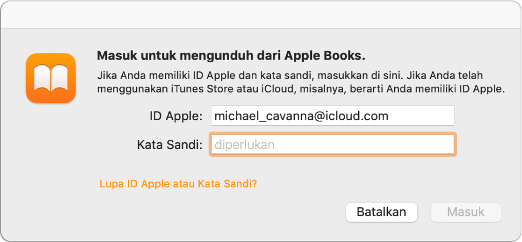 Dialog untuk masuk ke Apple Books menggunakan ID Apple dan kata sandi.
