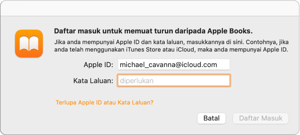Dialog untuk mendaftar masuk ke Apple Books menggunakan Apple ID dan kata laluan.