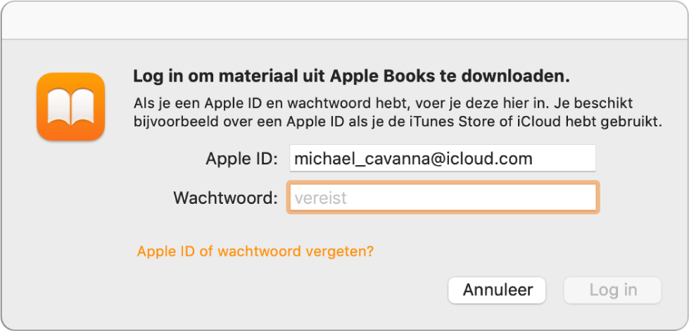 Het dialoogvenster waarmee je bij Apple Books inlogt met een Apple ID en wachtwoord.