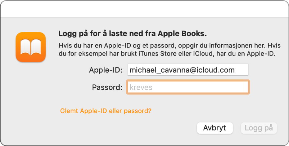 Dialogruten for pålogging til Apple Books med Apple-ID og et passord.