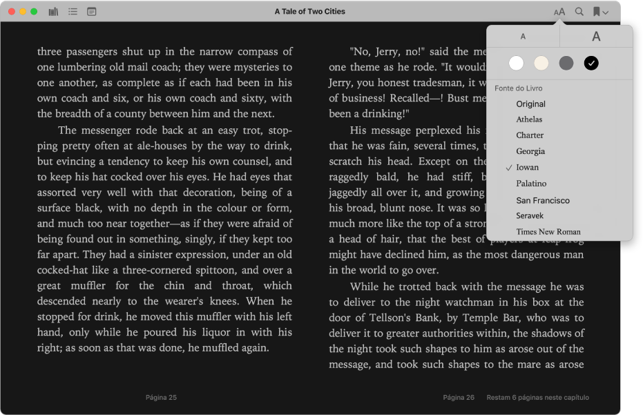 Um livro com a aparência personalizada e o menu Aparência mostrando o tamanho do texto, a cor de fundo e a fonte selecionados.