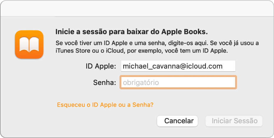 Caixa de diálogo para iniciar uma sessão no app Livros com o ID Apple e a senha.