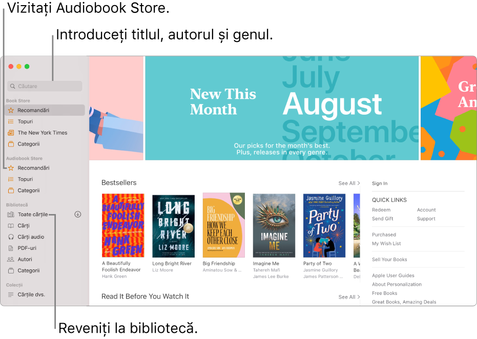 Bara laterală din Cărți. Pentru a explora Book Store, faceți clic pe oricare dintre articolele de sub Book Store. Pentru a explora Audiobook Store, faceți clic pe oricare dintre articolele de sub Audiobook Store. Pentru a căuta, introduceți un titlu, un autor sau un gen în câmpul de căutare. Pentru a reveni în bibliotecă, faceți clic pe Toate cărțile.