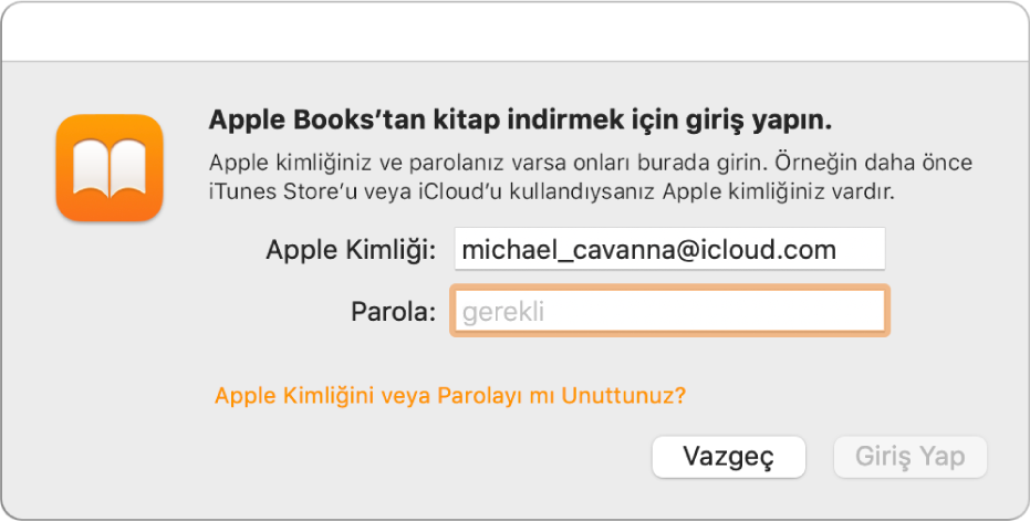 Apple kimliği ve parola kullanarak Apple Books’a giriş yapma sorgu kutusu.