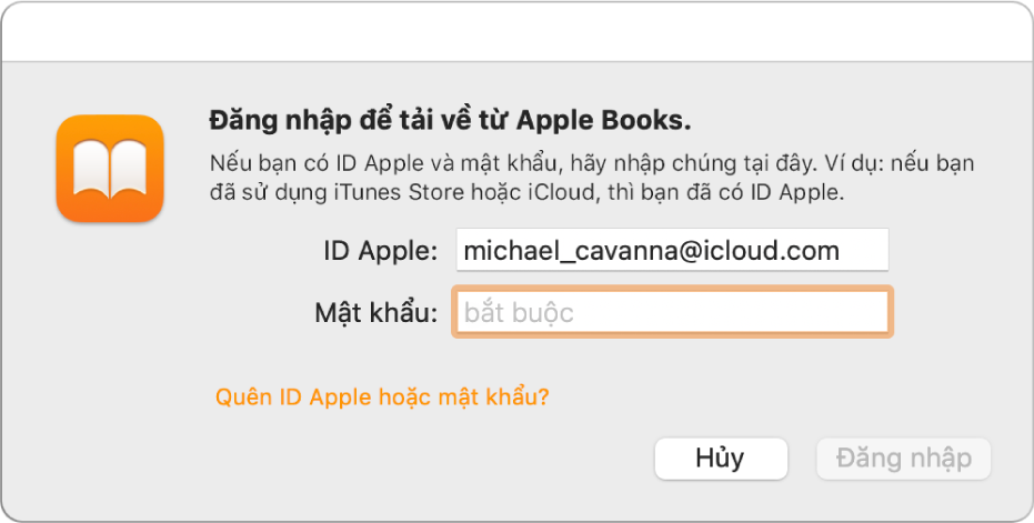 Hộp thoại để đăng nhập vào ứng dụng Sách của Apple bằng ID Apple và mật khẩu.
