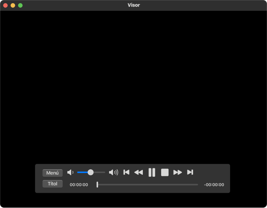 Els controls de reproducció i la finestra del Reproductor de DVD, amb el regulador de volum a la part superior esquerra i la línia de temps a la part inferior. Arrossega el marcador de progrés a la línia de temps per anar a un altre punt de la pel·lícula.